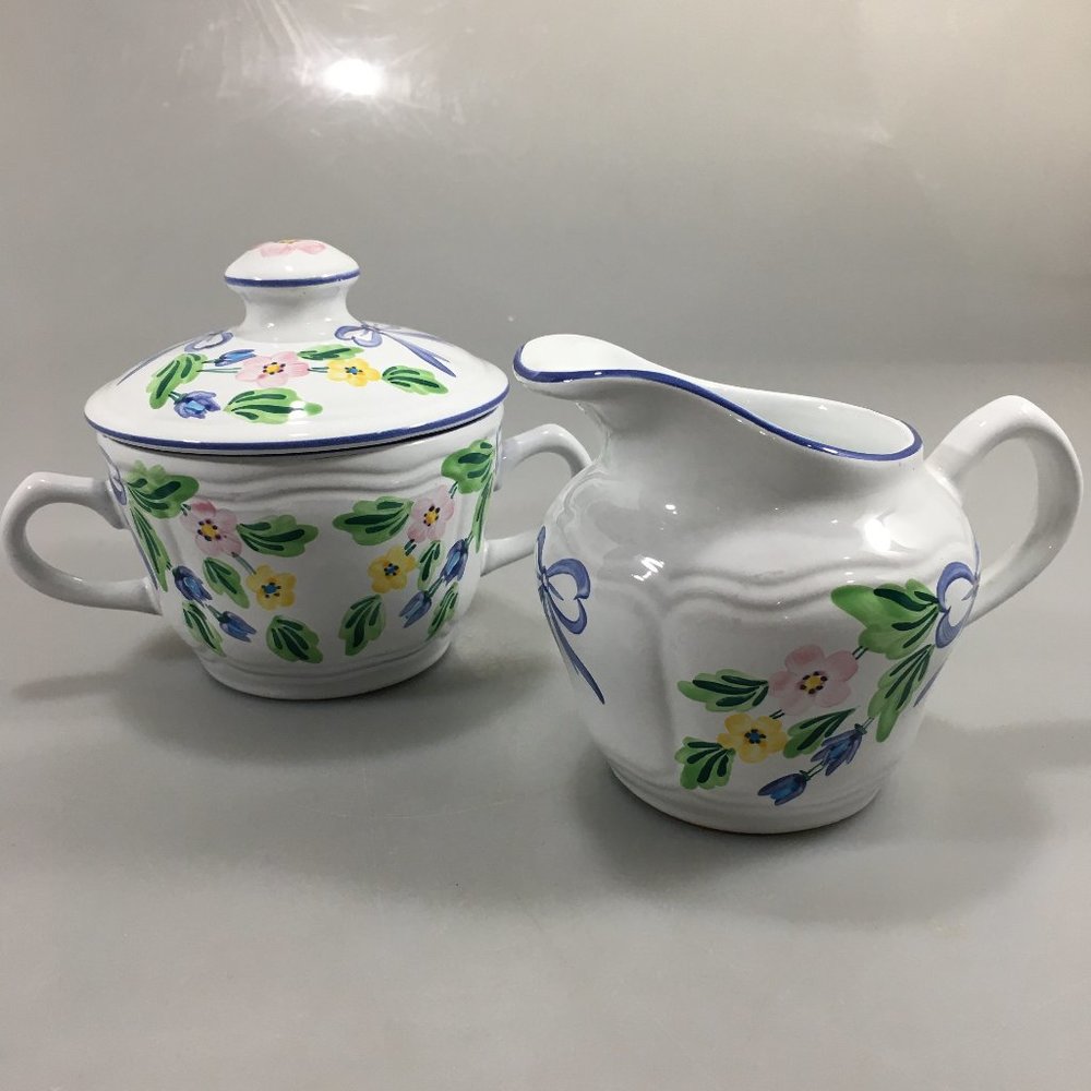 Herend Village Pottery Blue Bows Floral Creamer & Sugar Bowl Set Vintage